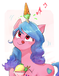 Size: 1102x1412 | Tagged: safe, artist:fuyugi, imported from derpibooru, izzy moonbow, pony, unicorn, blushing, female, food, g5, horn, horn impalement, ice cream, ice cream cone, izzy impaling things, licking, licking lips, looking up, mare, music notes, red eyes, simple background, solo, tongue out, white background