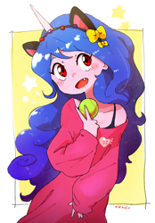 Size: 1084x1560 | Tagged: safe, artist:fuyugi, imported from derpibooru, izzy moonbow, human, equestria girls, ball, blushing, cat ears, clothes, cute, cute little fangs, equestria girls-ified, fangs, g5, g5 to equestria girls, horn, horned humanization, humanized, izzybetes, looking at you, loose fitting clothes, off shoulder, open mouth, peace sign, snaggletooth, solo, tennis ball