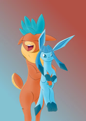 Size: 1024x1449 | Tagged: safe, artist:fizzban08, imported from derpibooru, deer, glaceon, reindeer, them's fightin' herds, :3, bear hug, bipedal, community related, duo, eyes closed, female, hug, open mouth, pokémon, velvet (tfh)