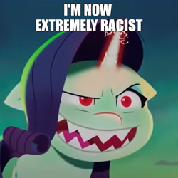 Size: 1280x1280 | Tagged: safe, edit, edited screencap, imported from derpibooru, screencap, rarity, pony, unicorn, spoiler:my little pony: a new generation, based, caption, evil grin, evil rarity, female, g5, grin, image macro, impact font, mare, meme, my little pony: a new generation, racisty, shitposting, smiling, solo, sproutity, text