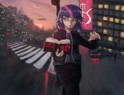 Size: 2078x1605 | Tagged: safe, artist:menalia, imported from derpibooru, twilight sparkle, human, aesthetics, after rain, book, car, city, clothes, cloud, female, holding, humanized, jacket, neon, pants, shirt, solo focus, sun, t-shirt, walking, window