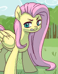 Size: 1500x1893 | Tagged: safe, artist:renka2802, imported from derpibooru, fluttershy, pegasus, pony, digital art, female, folded wings, grass, long mane, mare, pink mane, pixel art, shadow, solo, standing, teal eyes, tree, wings