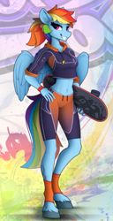 Size: 1220x2390 | Tagged: safe, artist:yakovlev-vad, imported from derpibooru, part of a set, rainbow dash, anthro, pegasus, unguligrade anthro, abs, abstract background, athletic, belly button, clothes, collarbone, eyebrows, eyebrows visible through hair, female, full body, grin, hand on hip, holding, looking at you, mare, midriff, ponytail, shorts, skateboard, smiling, smiling at you, solo, sports shorts, spread wings, tail, tomboy, toned, unshorn fetlocks, winged anthro, wings