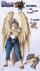 Size: 986x1750 | Tagged: safe, artist:jamescorck, imported from derpibooru, oc, oc only, oc:bluetec, anthro, pegasus, clothes, male, shirt, solo, wrench