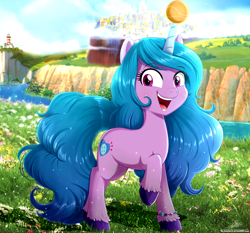 Size: 3742x3484 | Tagged: safe, artist:the-butch-x, imported from derpibooru, izzy moonbow, pony, unicorn, spoiler:g5, spoiler:my little pony: a new generation, ball, bracelet, cute, eyebrows, eyebrows visible through hair, female, flower, g5, grass, high res, horn, horn guard, hornball, izzy's tennis ball, izzybetes, jewelry, mare, maretime bay, my little pony: a new generation, open mouth, open smile, raised hoof, shadow, smiling, solo, standing, tennis ball, unshorn fetlocks, zephyr heights