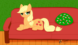 Size: 800x464 | Tagged: safe, artist:smilodonkahn, imported from derpibooru, applejack, earth pony, pony, couch, female, lidded eyes, lying down, prone, smiling, solo