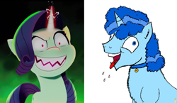 Size: 1397x813 | Tagged: safe, artist:horsesplease, editor:horsesplease, imported from derpibooru, party favor, rarity, spoiler:my little pony: a new generation, doggie favor, doggiecorn, doggiecorn duo, evil grin, evil rarity, exploitable meme, fangs, female, g5, grin, i didn't listen, image macro, jaws, male, meme, my little pony: a new generation, panting, possessed, raridog, rarifavor, shipping, smiling, sproutity, straight, stupid, tongue out