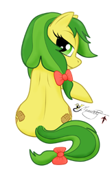 Size: 325x500 | Tagged: safe, artist:smilodonkahn, imported from derpibooru, apple fritter, earth pony, pony, apple family member, both cutie marks, bow, butt, female, fritterbutt, green eyes, hair bow, looking at you, looking back, looking back at you, mare, plot, rear view, signature, simple background, sitting, solo, tail, tail bow, transparent background, two toned mane, two toned tail