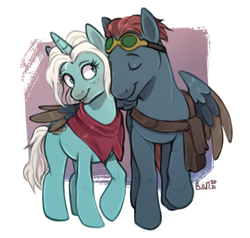 Size: 1322x1257 | Tagged: safe, artist:birdoffnorth, imported from derpibooru, pegasus, pony, unicorn, crossover, disenchantment, duo, female, goggles, hug, male, non-mlp shipping, ponified, princess bean, shipping, sky gunderson, smiling, straight, winghug, wings