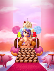 Size: 2606x3407 | Tagged: safe, artist:noashank, imported from derpibooru, oc, oc only, pegasus, pig, pony, candy, female, food, high res, saddle, tack, throne