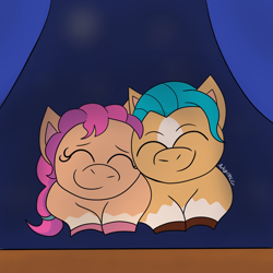 Size: 1080x1080 | Tagged: safe, artist:artyanimated, imported from derpibooru, hitch trailblazer, sunny starscout, earth pony, pony, colt, colt hitch trailblazer, duo, female, filly, filly sunny starscout, g5, male, sleeping, smiling, younger