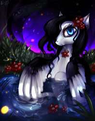 Size: 1280x1625 | Tagged: safe, artist:rocioam7, imported from derpibooru, oc, oc only, pegasus, pony, bathing, female, flower, flower in hair, flower in mouth, mouth hold, solo, wet, wet mane