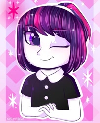 Size: 719x882 | Tagged: safe, artist:twiliysa, imported from derpibooru, twilight sparkle, human, abstract background, humanized, one eye closed, solo, wink