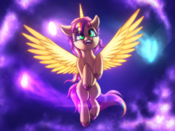 Size: 4000x3000 | Tagged: safe, artist:shad0w-galaxy, imported from derpibooru, sunny starscout, alicorn, earth pony, pony, spoiler:g5, spoiler:my little pony: a new generation, alicornified, artificial wings, augmented, female, flying, g5, glowing, glowing horn, high res, horn, magic, magic wings, mare, my little pony: a new generation, night, open mouth, race swap, sky, smiling, solo, sunnycorn, wings