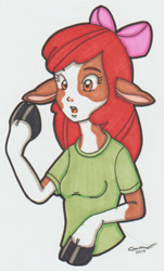 Size: 536x886 | Tagged: safe, artist:cqmorrell, imported from derpibooru, apple bloom, anthro, cow, equestria girls, cowbloom, cowified, open mouth, signature, solo, species swap, traditional art, transformation