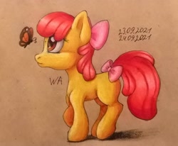 Size: 1592x1311 | Tagged: safe, artist:anon_whatever, imported from derpibooru, apple bloom, butterfly, earth pony, pony, bow, female, filly, solo, tail, tail bow