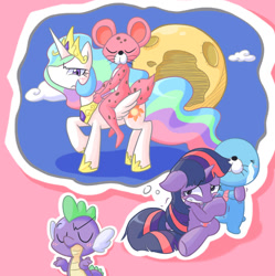 Size: 1100x1104 | Tagged: safe, artist:nyankamedon, imported from derpibooru, princess celestia, spike, twilight sparkle, anthro, dragon, mouse, pony, unicorn, anatomically incorrect, crossover, crying, female, imagination, incorrect leg anatomy, male, pixiv, riding, tears of fear, thought bubble, wat