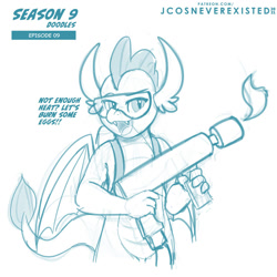 Size: 960x960 | Tagged: safe, artist:jcosneverexisted, imported from derpibooru, smolder, dragon, sweet and smoky, female, fire, flamethrower, glasses, season 9 doodles, solo, text, weapon