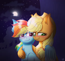 Size: 2620x2435 | Tagged: safe, artist:galaxy swirl, imported from derpibooru, applejack, rainbow dash, earth pony, pegasus, pony, appledash, chest fluff, cloud, cute, female, high res, hoof on shoulder, lesbian, mare, moon, night, shipping, smiling, stars