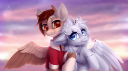 Size: 3890x2159 | Tagged: safe, artist:blooming-lynx, imported from derpibooru, oc, oc only, pegasus, pony, clothes, duo, female, freckles, high res, oc x oc, shipping