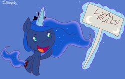 Size: 1268x806 | Tagged: safe, artist:itiffanyblue, imported from derpibooru, princess luna, alicorn, pony, chibi, glowing, glowing horn, horn, magic, sign, solo, telekinesis