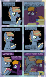 Size: 1920x3169 | Tagged: safe, artist:alexdti, imported from derpibooru, oc, oc only, oc:brainstorm (alexdti), oc:purple creativity, pegasus, pony, unicorn, comic:quest for friendship, book, comic, dialogue, duo, female, folded wings, glasses, green eyes, hoof hold, hoof over mouth, horn, male, mare, pegasus oc, speech bubble, stallion, standing, teary eyes, two toned mane, underhoof, unicorn oc, wings