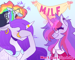 Size: 2500x2000 | Tagged: safe, artist:gothalite, imported from derpibooru, rainbow dash, rarity, twilight sparkle, alicorn, pegasus, pony, unicorn, acronym, banner, choker, clothes, collar, crying, ear piercing, earring, facehoof, female, glasses, glowing, glowing horn, hoof polish, horn, implied milf, innocent, jewelry, laughing, magic, mare, piercing, smiling, tears of laughter, telekinesis, trio, twilight sparkle (alicorn)