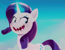 Size: 693x536 | Tagged: safe, imported from derpibooru, screencap, rarity, sprout cloverleaf, pony, unicorn, spoiler:my little pony: a new generation, evil, evil rarity, female, g4, g5, mare, my little pony: a new generation, open mouth, open smile, pony history, possessed, prologue, rarisnap, sharp teeth, smiling, solo, sproutity, start of ponies, teeth