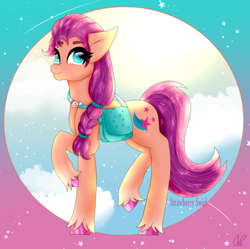 Size: 574x571 | Tagged: safe, artist:aber6823, imported from derpibooru, sunny starscout, earth pony, pony, backwards cutie mark, bag, colored hooves, cute, eyebrows, eyebrows visible through hair, female, g5, mare, pin, raised hoof, simple background, smiling, solo, unshorn fetlocks