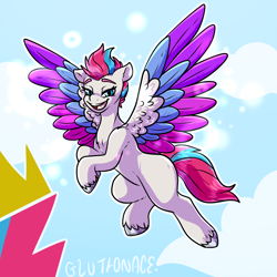 Size: 4000x4000 | Tagged: safe, artist:sexygoatgod, imported from derpibooru, zipp storm, pegasus, pony, spoiler:g5, spoiler:my little pony: a new generation, absurd resolution, colored wings, cute, eyebrows, female, fluffy, flying, g5, looking at you, mare, my little pony: a new generation, open mouth, open smile, simple background, smiling, solo, spread wings, tail, unshorn fetlocks, wing fluff, wings