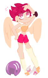 Size: 2020x3248 | Tagged: safe, artist:charrlll, imported from derpibooru, scootaloo, human, clothes, helmet, high res, humanized, midriff, shorts, simple background, solo, white background, winged humanization, wings