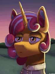 Size: 1000x1346 | Tagged: safe, artist:vezja, imported from derpibooru, oc, oc:burnside fervor, unicorn, equestria at war mod, bust, clothes, commission, confederate, ear fluff, female, forest, hill, mare, older, portrait, sunset, uniform