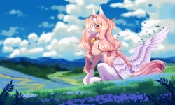 Size: 5000x3000 | Tagged: safe, artist:ohhoneybee, imported from derpibooru, oc, oc only, oc:tsetsumi, pegasus, pony, bell, bell collar, cloud, collar, female, flower, mare, mountain, mountain range, scenery, sky, solo