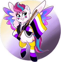 Size: 943x962 | Tagged: safe, artist:binkyt11, derpibooru exclusive, imported from derpibooru, zipp storm, pegasus, pony, bisexual pride flag, clothes, commission, ear piercing, earring, eyebrow piercing, face paint, flag, flying, g5, gender headcanon, grin, headcanon, jacket, jewelry, leather jacket, lgbt headcanon, makeup, necklace, nonbinary, nonbinary pride flag, nose piercing, nose ring, piercing, pride, pride flag, sexuality headcanon, smiling, socks, solo, spiked wristband, striped socks, wristband