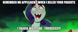 Size: 1194x499 | Tagged: safe, imported from derpibooru, screencap, rarity, spoiler:my little pony: a new generation, caption, evil rarity, fangs, g4, g5, image macro, implied applejack, implied applejack's parents, implied murder, judge doom, my little pony: a new generation, possessed, rarisnap, red pupils, reference, sproutity, text, who framed roger rabbit