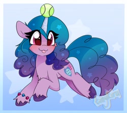 Size: 1024x915 | Tagged: safe, artist:tinykiru, imported from derpibooru, izzy moonbow, pony, unicorn, :3, :p, ball, blushing, cheek fluff, chest fluff, cute, ethereal mane, eye clipping through hair, female, g5, horn, horn impalement, hornball, izzy's tennis ball, izzybetes, leg fluff, mare, solo, starry mane, stars, tennis ball, tongue out