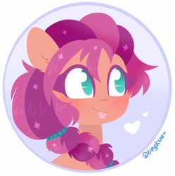 Size: 2036x2048 | Tagged: safe, artist:tinykiru, imported from derpibooru, sunny starscout, earth pony, pony, :p, blushing, bust, cheek fluff, cute, ear fluff, female, g5, heart, high res, icon, lineless, mare, no pupils, portrait, solo, sunnybetes, tongue out