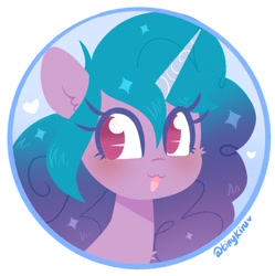 Size: 2036x2048 | Tagged: safe, artist:tinykiru, imported from derpibooru, izzy moonbow, pony, unicorn, :3, bust, cheek fluff, chest fluff, cute, ear fluff, female, g5, heart, high res, icon, izzybetes, mare, no pupils, open mouth, portrait, solo