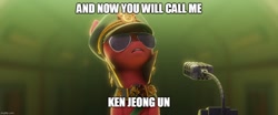 Size: 1194x499 | Tagged: safe, edit, edited screencap, imported from derpibooru, screencap, sprout cloverleaf, earth pony, pony, spoiler:my little pony: a new generation, 3d, caption, dictator, emperor sprout, g5, image macro, imgflip, ken jeong, kim jong-un, male, microphone, my little pony: a new generation, north korea, pun, stallion, text, voice actor joke