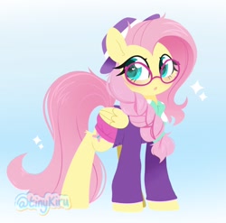 Size: 2048x2026 | Tagged: safe, artist:tinykiru, imported from derpibooru, fluttershy, pegasus, pony, fake it 'til you make it, :o, alternate hairstyle, braid, cute, ear fluff, female, glasses, hat, heart eyes, high res, hipstershy, leg fluff, lineless, mare, open mouth, shyabetes, solo, wingding eyes