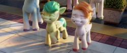 Size: 1920x804 | Tagged: safe, imported from derpibooru, screencap, pegasus, pony, spoiler:my little pony: a new generation, 3d, eyes closed, foal, g5, my little pony: a new generation, pippsqueaks, smiling, unnamed character, unnamed pony, zephyr heights