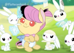 Size: 1080x767 | Tagged: safe, editor:flutterandcord, imported from derpibooru, angel bunny, oc, oc:honey drops, hybrid, the last problem, baby, diaper, female, filly, hug, injured, interspecies offspring, magic, offspring, outdoors, parent:discord, parent:fluttershy, parents:discoshy, signature, smiling