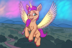 Size: 3000x2000 | Tagged: safe, artist:shad0w-galaxy, imported from derpibooru, sunny starscout, alicorn, earth pony, pony, spoiler:g5, spoiler:my little pony: a new generation, alicornified, artificial wings, augmented, female, flying, g5, glowing, glowing horn, high res, horn, magic, magic wings, mare, my little pony: a new generation, night, open mouth, race swap, sky, smiling, solo, sunnycorn, wings