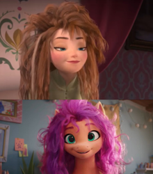 Size: 1075x1219 | Tagged: safe, imported from derpibooru, screencap, sunny starscout, spoiler:my little pony: a new generation, 3d, anna, bed hair, frozen (movie), g5, meme, messy hair, messy mane, my little pony: a new generation