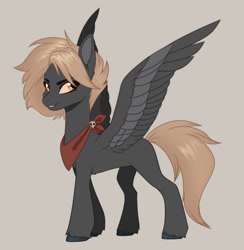 Size: 1024x1050 | Tagged: safe, artist:nettlemoth, imported from derpibooru, oc, oc only, oc:robin redstart, pegasus, pony, beige background, eyeshadow, female, g5, looking at you, makeup, mare, red bandana, simple background, solo, spread wings, standing, wings