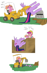 Size: 851x1328 | Tagged: safe, artist:jargon scott, imported from derpibooru, luster dawn, twilight sparkle, oc, alicorn, earth pony, pony, unicorn, beavis and butthead, burial, butt, clothes, comic, crying, dark comedy, dead, excavator, female, grave, gravestone, grimderp, hard hat, hat, he never scored, male, mare, older, older twilight, plot, princess twilight 2.0, rigor mortis, simple background, stallion, twilight sparkle (alicorn), white background