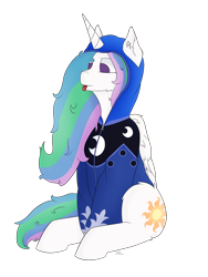 Size: 3000x4000 | Tagged: safe, artist:donnik, imported from derpibooru, princess celestia, alicorn, pony, clothes, hoodie, mlem, silly, simple background, sitting, solo, tongue out, transparent background