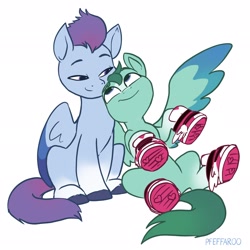 Size: 2048x2048 | Tagged: safe, artist:pfeffaroo, imported from derpibooru, pegasus, pony, cute, duo, female, g5, guardsmare, happy, high res, looking at each other, male, mare, royal guard, shipping, shoes, smiling, sneakers, stallion, straight, thunder flap, thundorable, zoom zephyrwing, zoomthunder