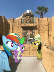Size: 774x1032 | Tagged: safe, edit, editor:undeadponysoldier, imported from ponybooru, photographer:undeadponysoldier, daring do, rainbow dash, spike, dragon, pegasus, pony, aztec, aztec pyramid, best friends, clothes, confident, female, hanging out, happy, hat, irl, male, mare, minigolf, myrtle beach, photo, ponies in real life, replica, summer, vacation
