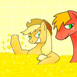 Size: 400x400 | Tagged: safe, artist:kushina13, imported from derpibooru, applejack, big macintosh, earth pony, pony, brother and sister, duo, female, gold, gold coins, male, mare, rich, siblings, smiling, sparkles, stallion